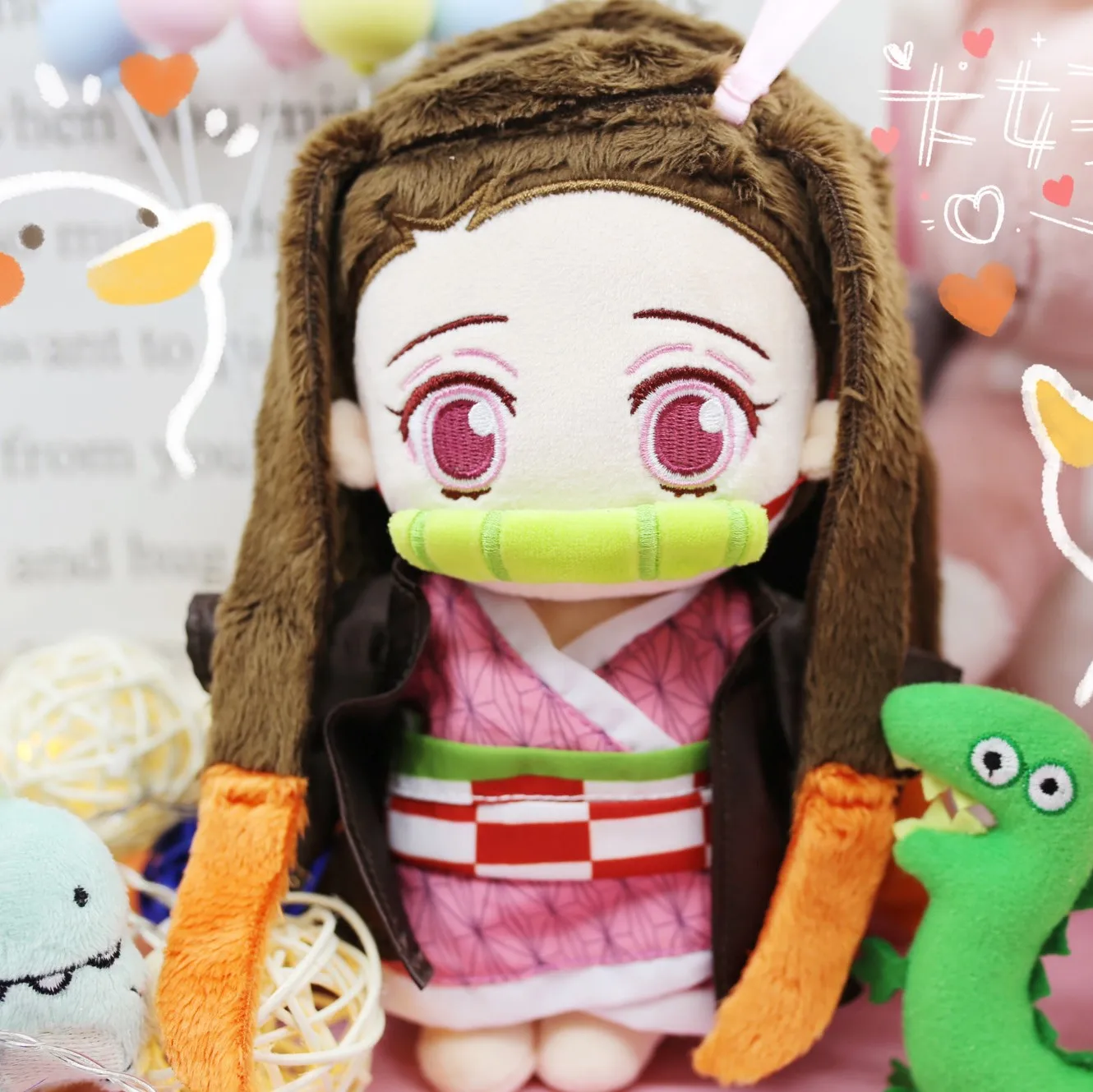 Cazadora de Nezuko de 9 "/23cm Nezuko Kamado peluche mu&ntilde;eca con 20cm mu&ntilde;eca ropa Kimono japon&eacute;s Anime de peluche de felpa figura Uoozii-2