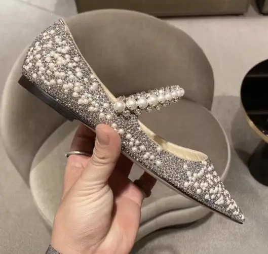 

Beauty Ladies Rhinestone One Straps Flats Shoes Woman Pointed Toe Pearl Crystal Embellished Shoes Women Wedding Loafers Shoes
