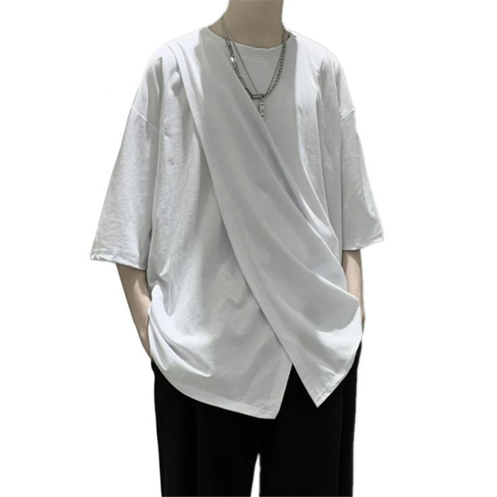 

Solid Asymmetrical Design Five Sleeves Loose T-Shirt Cotton Male Hiphop Tops Korean Edition Handsome Trend Split Fork M-3xl