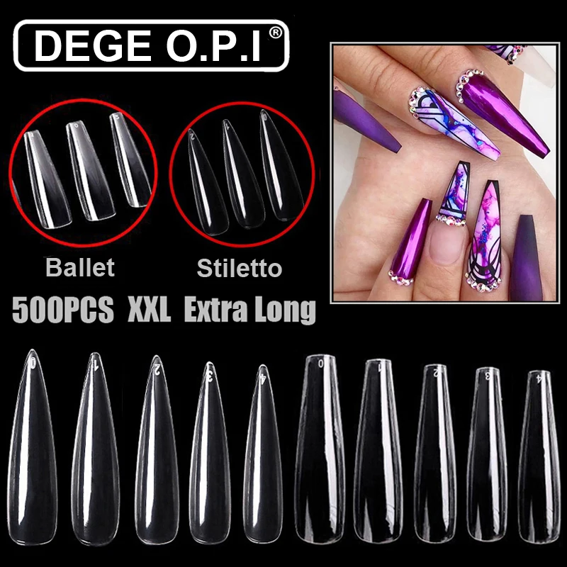 

500/600PCS XXL Stiletto/Ballerina/Coffin False Nails Long Clear Fake Nail Tips Full Cover Nail Tips Acrylic For Manicure 10 Size