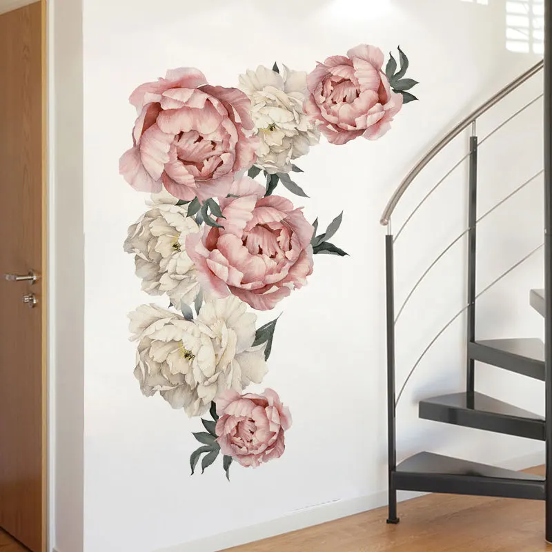 Large Pink Peony Flower Wall Stickers Romantic Flowers Home Decor for Bedroom Living Room DIY Vinyl Decals | Дом и сад