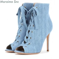 women boots feminina blue peep toe high heels lace up ankle boots for women feminino sexy cowboy boots stiletto schoenen vrouw