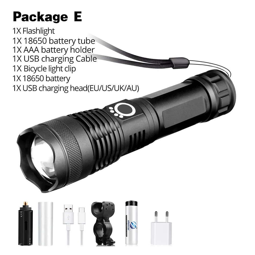 Package E XHP50 Светодиодный велосипедный фонарик 5 режим USB зарядки телескопический зум с использованием 18650 или 26650 - Цвет: Package E