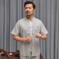 2021 middle aged and elderly linen tang suit mens summer short sleeved suit chinese cotton and linen cardigan mens hanfu