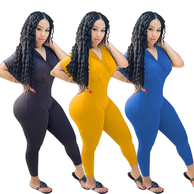 

Plus Size Fashion Fall Clothes Solid Sexy V-neck Jumpsuit Women Nightclub Bodysuit One Piece Outfits Streetwear Wholesale Items