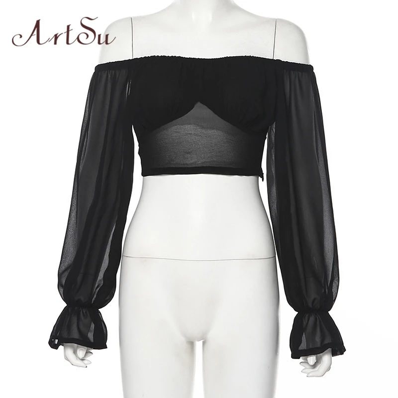 Женская шифоновая блузка ArtSu черная с вырезом лодочкой и расклешенными рукавами