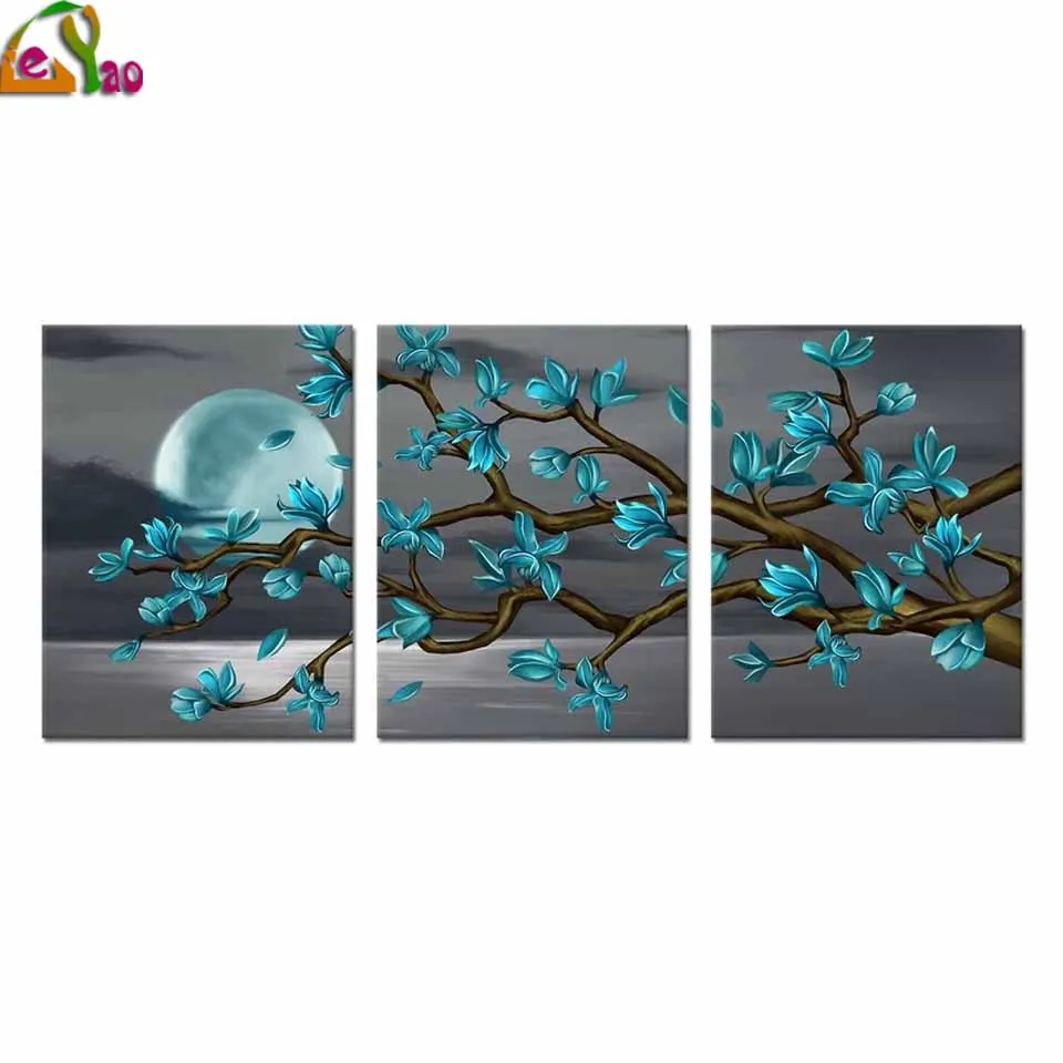 

Flowers Diamond Painting Beautiful Blue Flowers Wall Art Poster 3 Pieces Full Moon Diamond Embroidery Modern Home Decor Picture