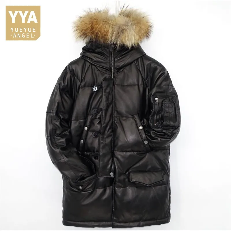 

Winter Fur Collar Hooded Overcoat Men Padded Parka Thick Warm Cold Jacket Genuine Leather Single Breasted Slim Fit Down Jacket