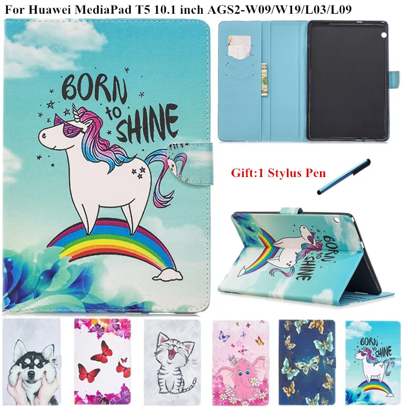 

Чехол-подставка из искусственной кожи с милым единорогом и кошкой для Huawei T5, Магнитный чехол для планшета, чехол для Huawei MediaPad Media Pad T5 10,1, чехо...