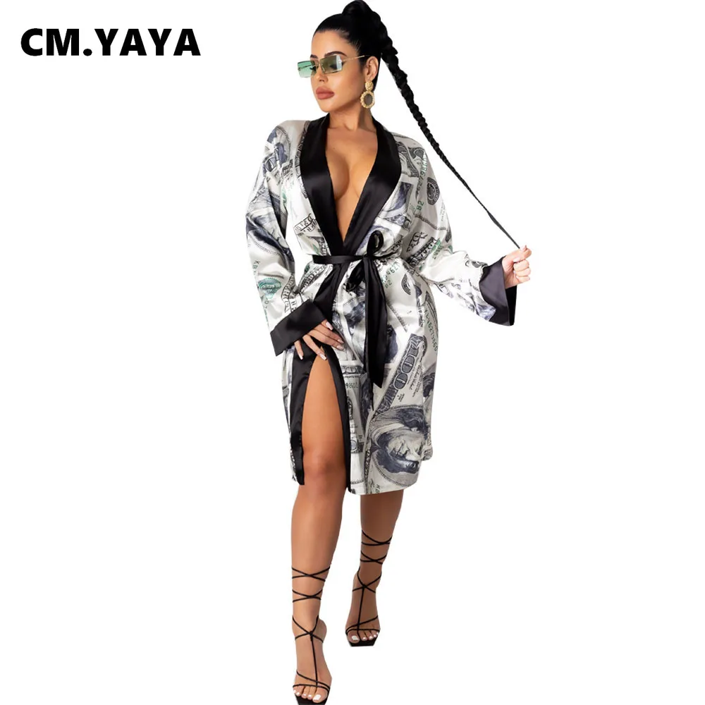 CM.YAYA Women Autumn Winter Benjamin US Dollar Print Open Stitch With Sashes Sleepwear Dress Bodycon Night Club Party Vestidos | Женская