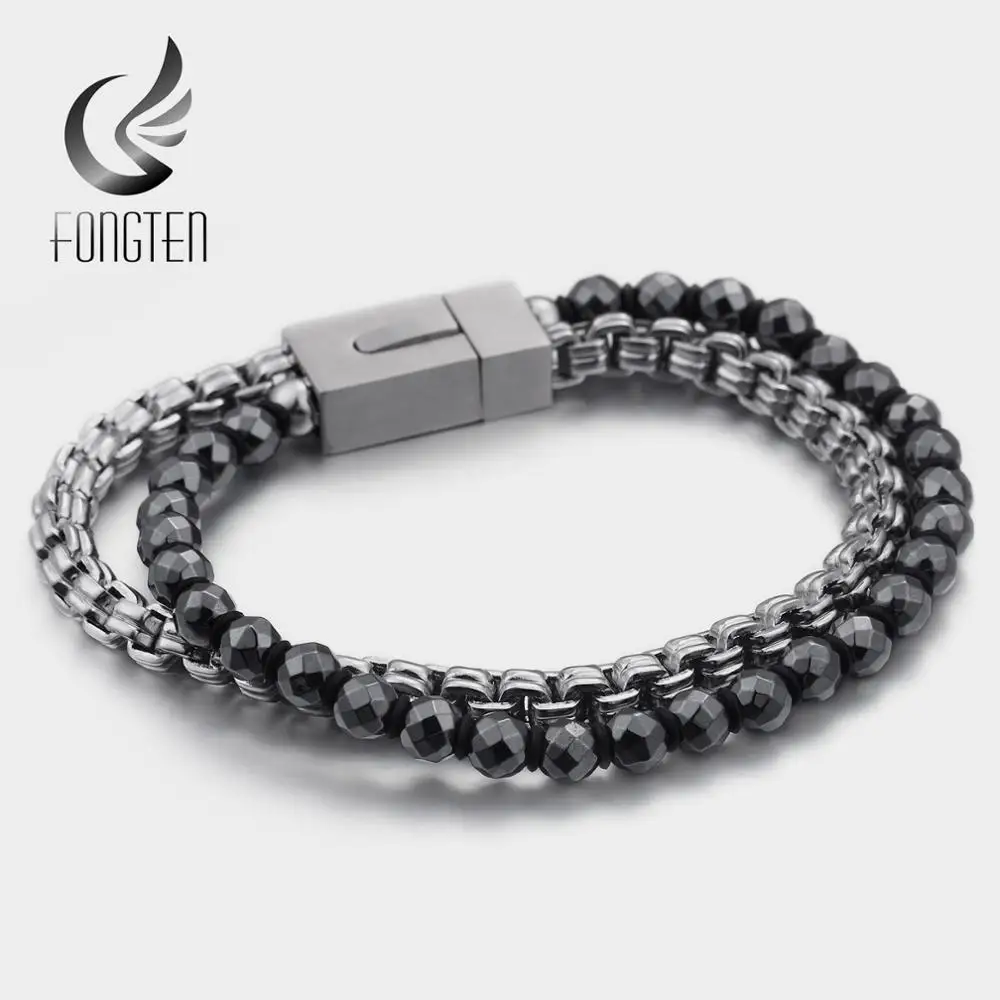 Браслет Fongten в стиле ретро с черными бусинами из натурального камня мужские