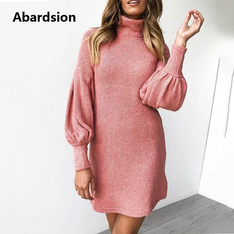 Abardsion Women Sweater Dress Autumn Winter Clothes 2019 Female Casual Loose Pink Puff Long Sleeve Turtleneck Knitted Dresses | Женская