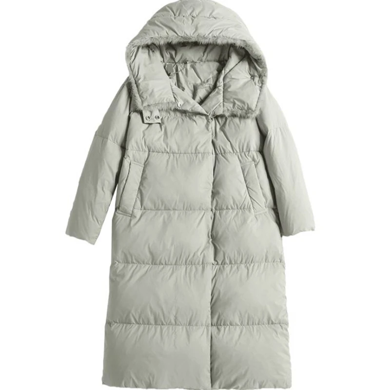 New style long down jacket Women wool collar thick Parcel type coats with a hood female duck clothes medium black overcoat | Женская