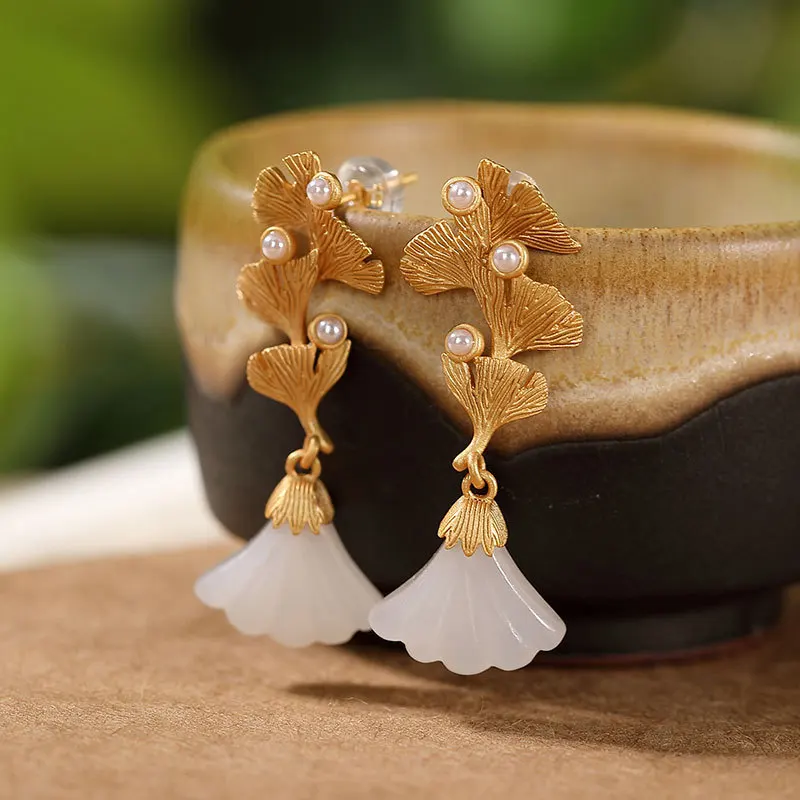 Женские серьги-подвески из серебра 925 пробы с натуральным нефритом | Украшения и