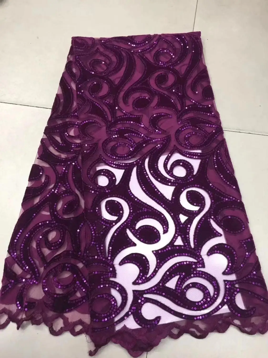

(5yards/pc) High quality purple African French lace very soft velvet net lace fabric with sequins embroidery for party dress FCC