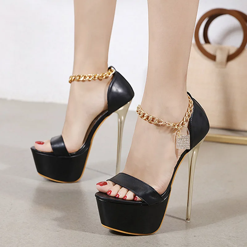 

2021 Summer Women High Heel Sandals 17cm High Womans Pumps Sexy Female Party High Heels Thick Platform Chain Woman Club Shoes