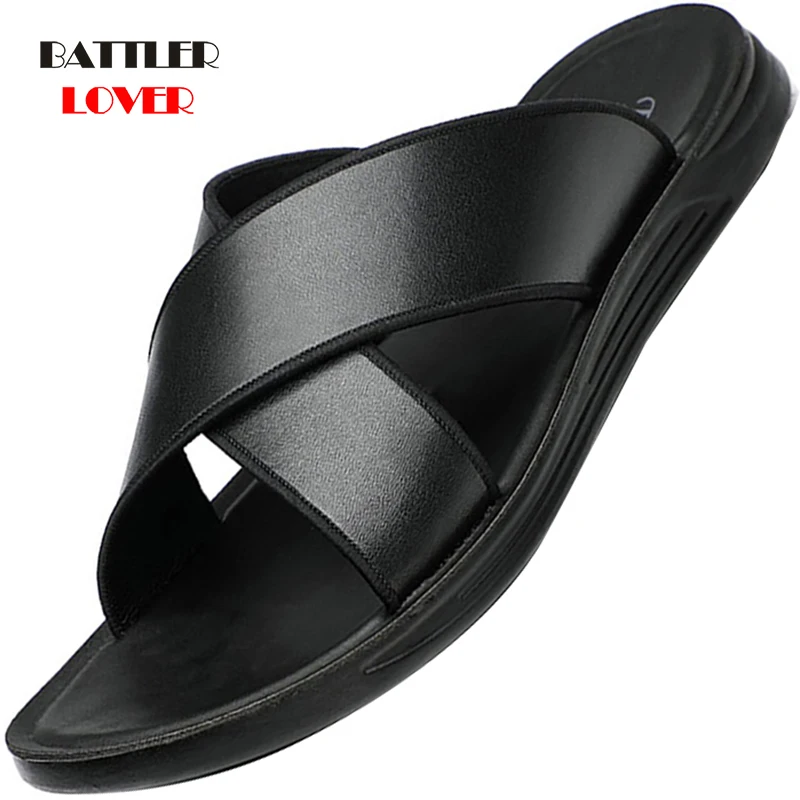 

100% Real Cow Leather Slippers for Men 2021 Summer New Crossing Slides Sandals Male Leisure Comfort Summer Beach Flat Footwear