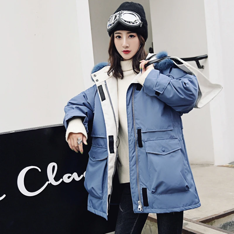 Женская парка на утином пуху FTLZZ свободная уличная с капюшоном и воротником из