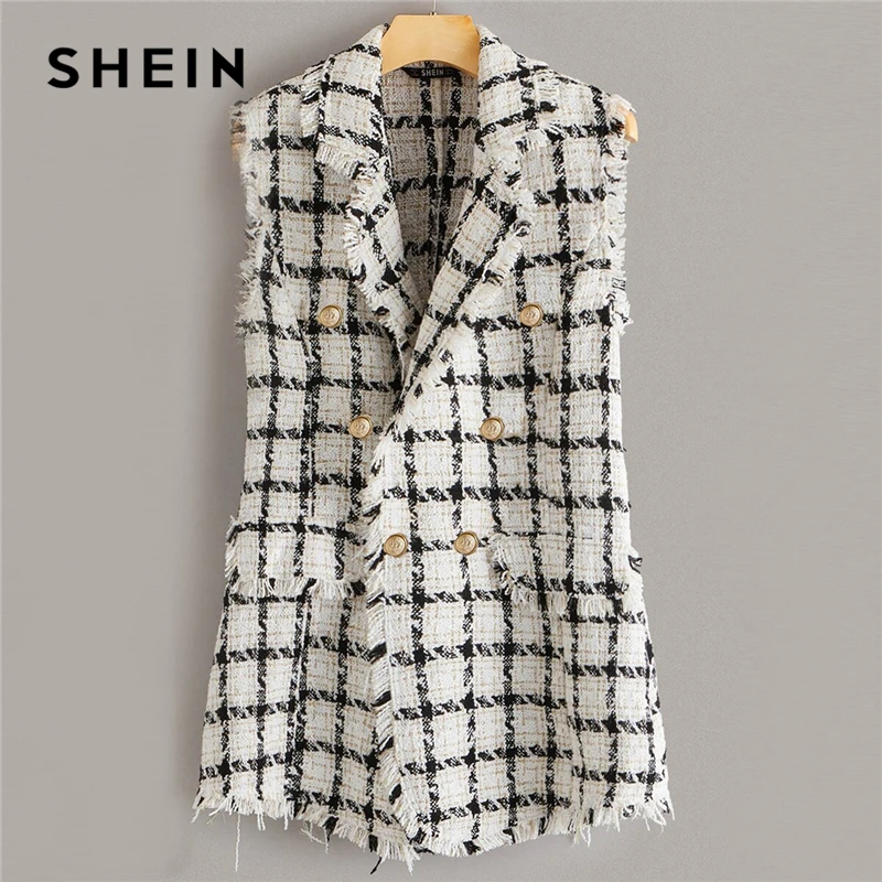 SHEIN клетчатый вырез, необработанный край твидовый жилет, Блейзер, Женская Осенняя элегантная Верхняя одежда без рукавов с двойной пуговицей, длинные пальто, блейзеры