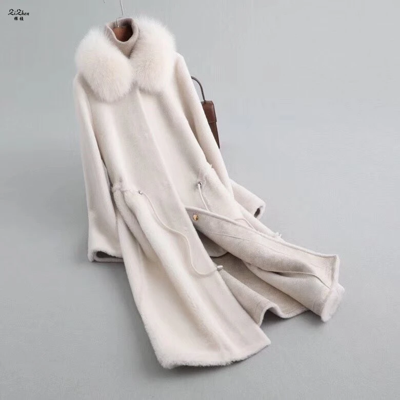 Замшевое пальто ZiZhen длинное из натуральной шерсти с воротником лисьего меха