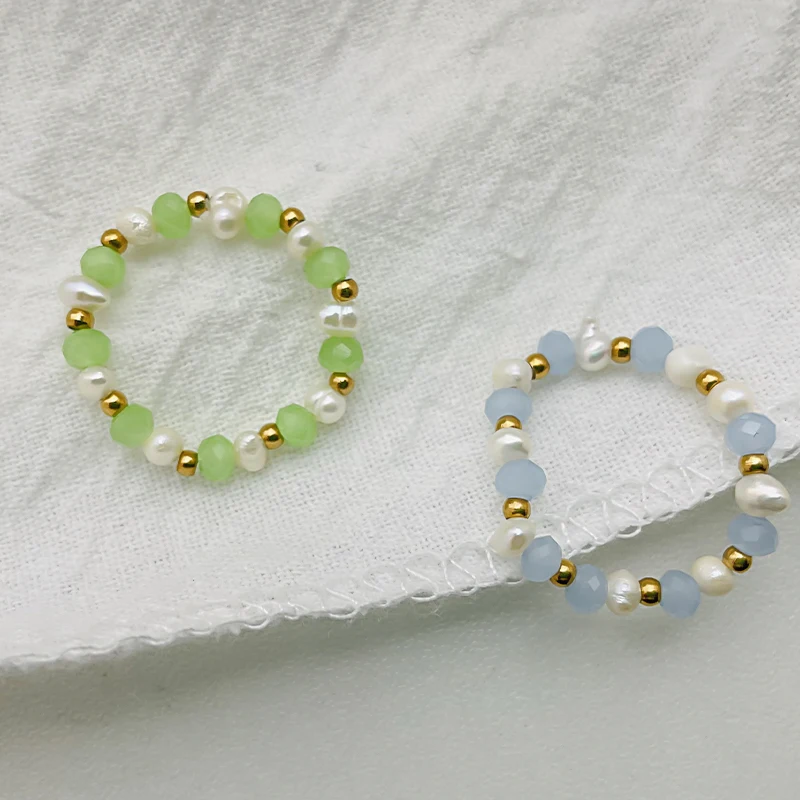 POMLEE Bohemia Colorful Natural Stone Rings for Women Irregular Pearl with Glass Stainless Steel Beads Fashion Jewelry Hot | Украшения и