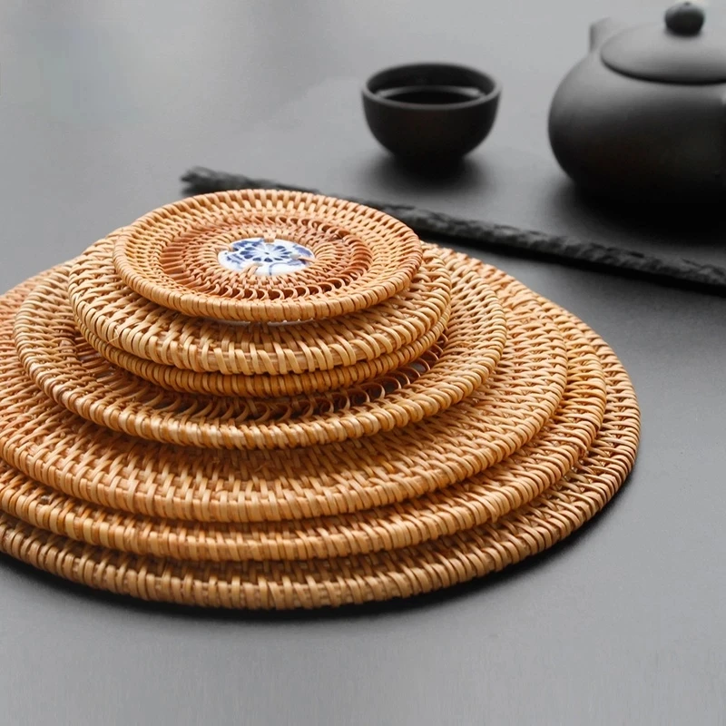 

6Pcs/ Drink Coasters Set For Kungfu Tea Accessories Rattan Weave Cup Mat Pad Round Tableware Placemat Dish Mat Diameter 8Cm