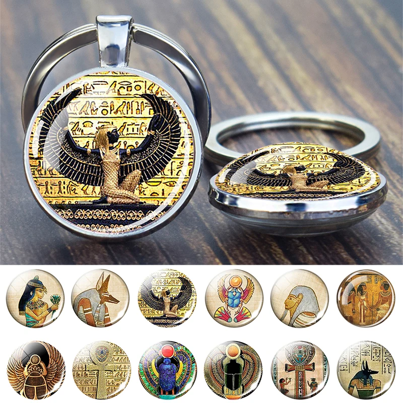 

Egyptian Ankh Pharaoh Pyramid Keyring Ancient Egypt Culture Sphinx Anubis Scarab Goddess Glass Cabochon Double Sides Keychain