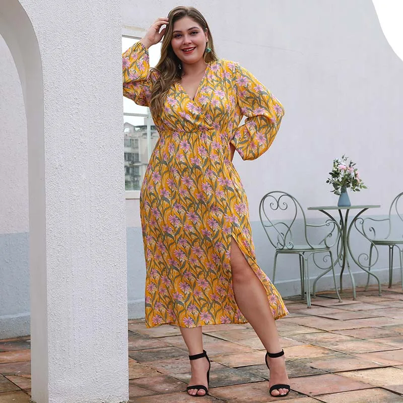 WHZHM/осеннее платье с цветочным принтом и разрезом большие размеры 3XL 4XL длинные