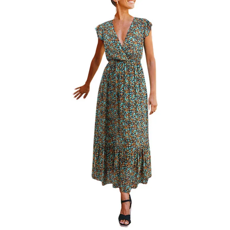 

Summer Women's V-neck Ruffle Sleeve High Waist Dress Short Sleeve Open Back Print Vestidos Femme vestido de mujer
