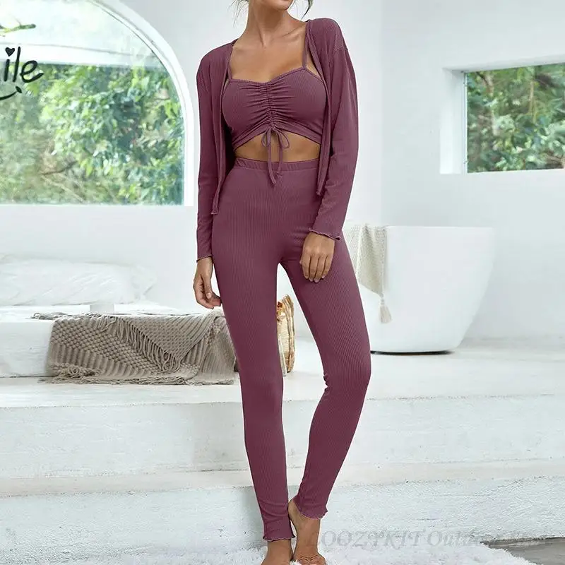 

Осенняя женская пижама LOOZYKIT, однотонный топ на бретельках и брюки, Женская хлопковая одежда для отдыха, пижама, 3 шт., с длинным рукавом