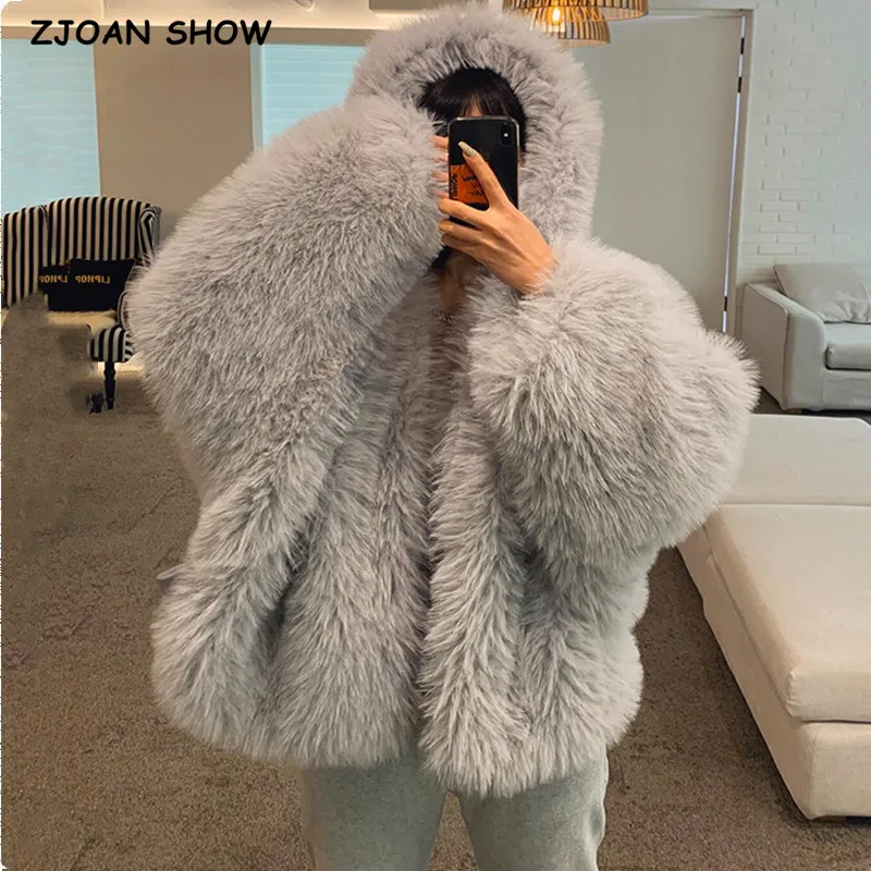2021 Winter Warm Long Hairy Faux Fur Hooded Coat Woemn Long sleeve Women Shaggy Loose Jacket Loose Outwear 4 colors