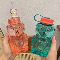 cute bear straw cup plastic water bottles kawaii coffee mug two kinds of lids water cup with rope milk tea cup children cup