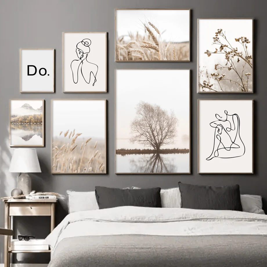 

Wheat ears Tree River Bed Line Girl Body Wall Art Canvas Painting Nordic Posters And Prints Wall Pictures For Living Room Decor