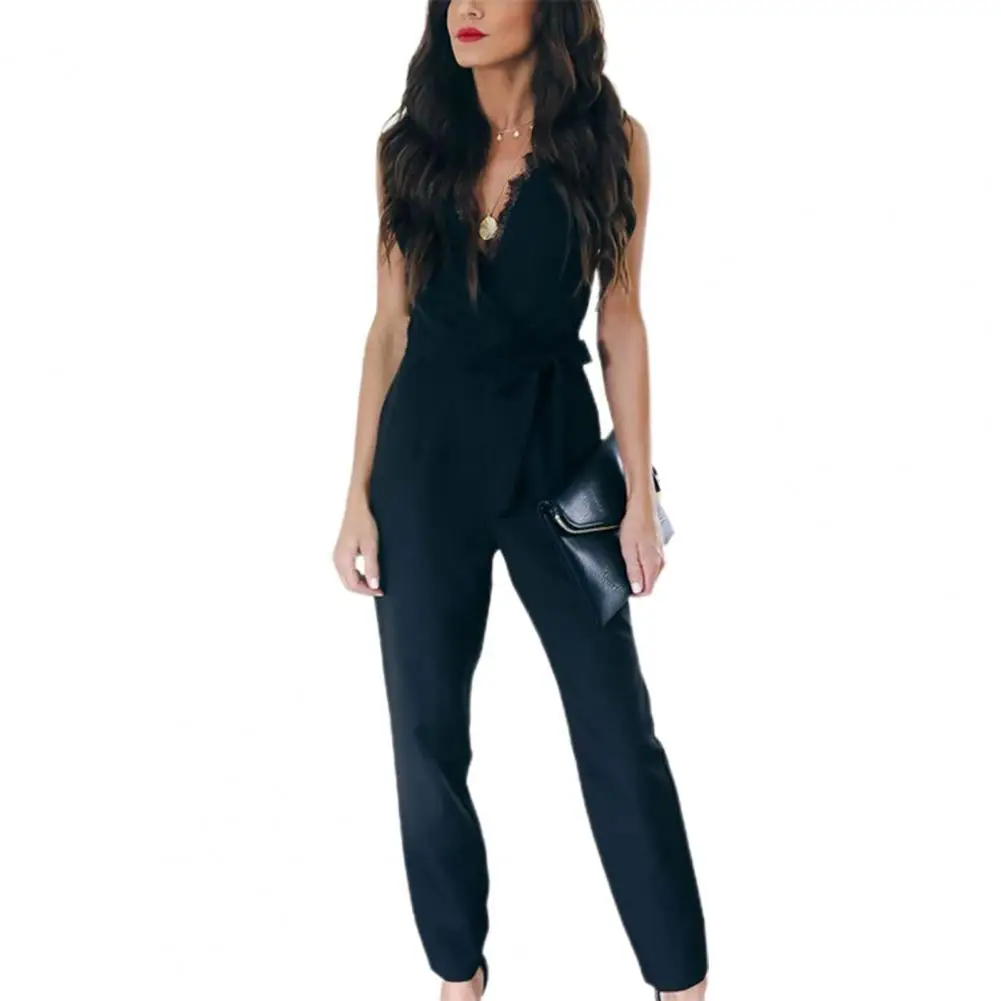 

Casual Women Jumpsuit Solid Color V Neck Lace Elegant Jumpsuits High Waist Sleeveless Pencil Pants Womeng's Jumpsuit