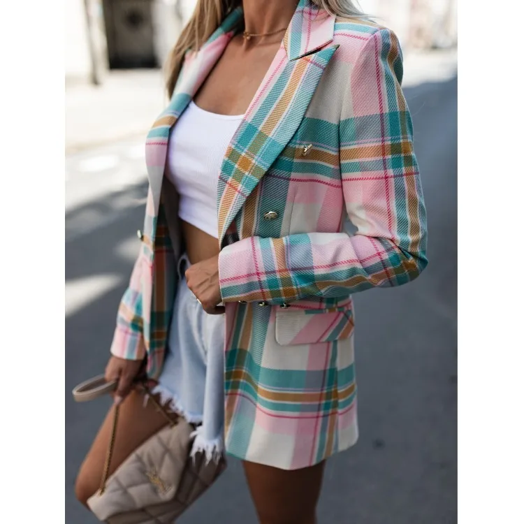 

2021 Autumn Colourful Plaid Blazer Coats For Women's Suits Long Sleeve Slim Jacket Double Breasted Lady Fashion Blazers Jackets