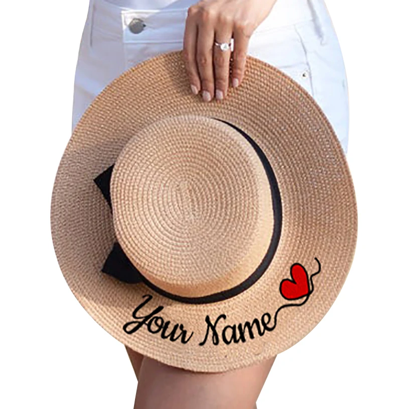 

Customize Beach Hat With Embroidery Name Text Logo Summer Sun Hat Panama Straw Hats For Women's Black Bow Bridal Bridesmaid