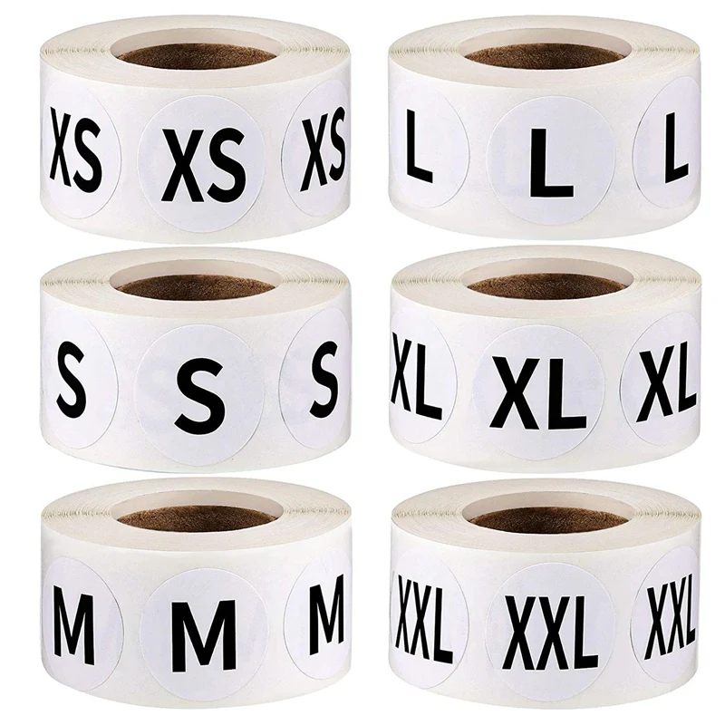 

3000PCS Clothing Size Stickers Labels 7/8 Inch Black Coded Adhesive Labels 500 Labels/Roll (XS, S, M, L, XL, XXL)