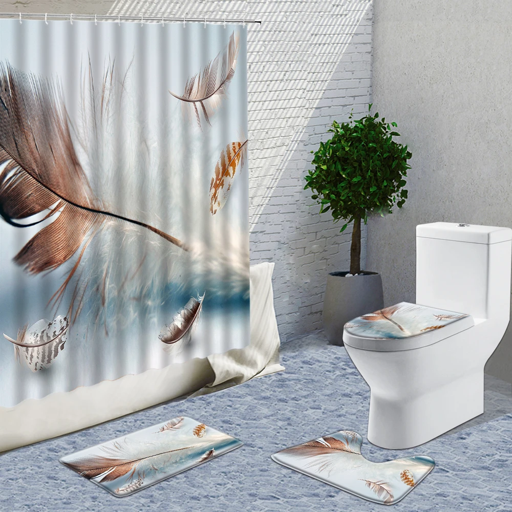 

Feather Shower Curtain Fabric 4pcs Nordic Style Home Bathroom Things Flannel Mats Toilet Cover Bath Set With Rugs And Curtains