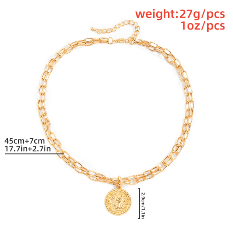 

Ailodo Vintage Geometric Portrait Pendant Necklace For Women Multilayer Gold Silver Color Coin Necklace Collier Fashion Jewelry