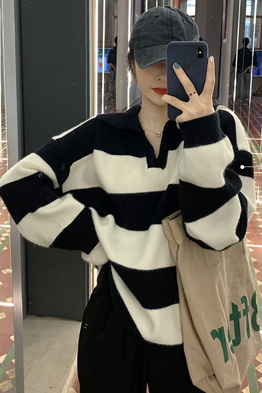 

Spring 2021 New Retro Japanese Lapel Long Sleeve Striped Sweater women's loose and lazy style versatile knitting top.