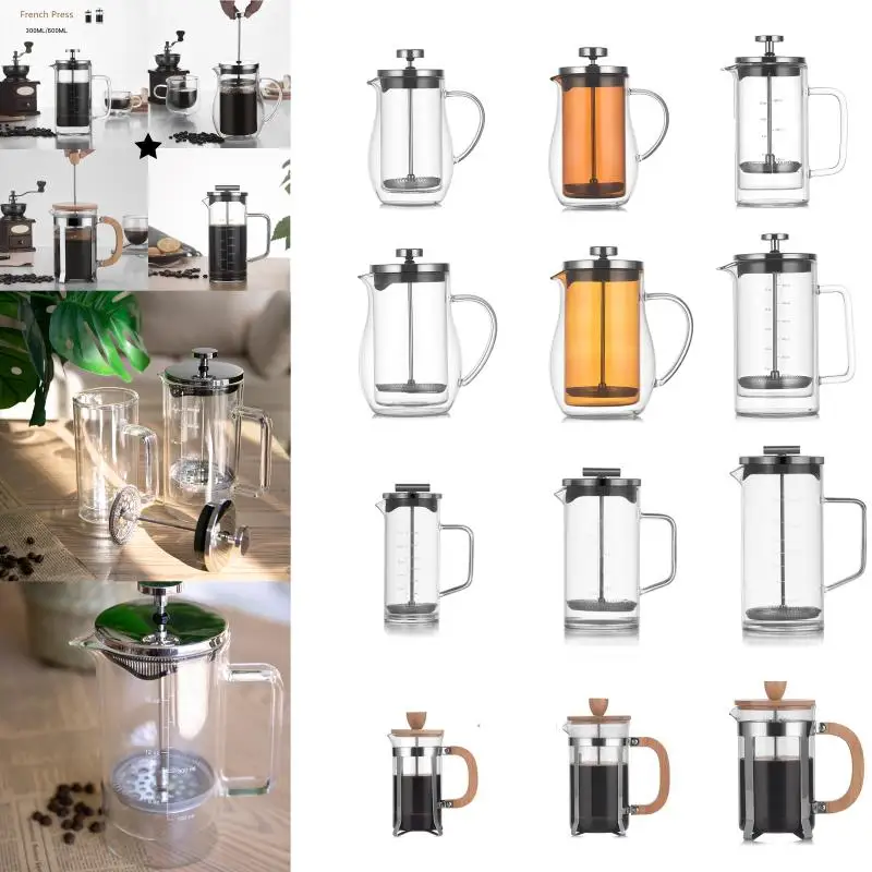 Olla de prensa francesa resistente al calor de doble capa, filtro de prensa de vidrio de alto borosilicato con cafetera graduada, 600Ml-0