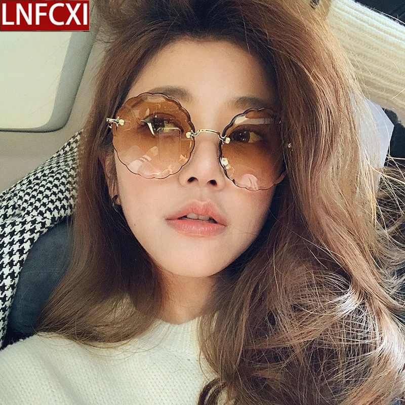 

Модные женские очки для вождения LNFCXI, круглые очки без оправы с бриллиантами, солнцезащитные очки с градиентными цветами, винтажные очки