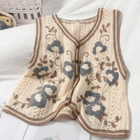 vests women chic sweet retro single breasted v neck ladies cropped outwear all match hollow out design floral female clothing