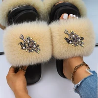 fluffy slides olive branch decor cozy slippers flat flip flops luxury designer fur sandals fashion pearl slippers casual shoes
