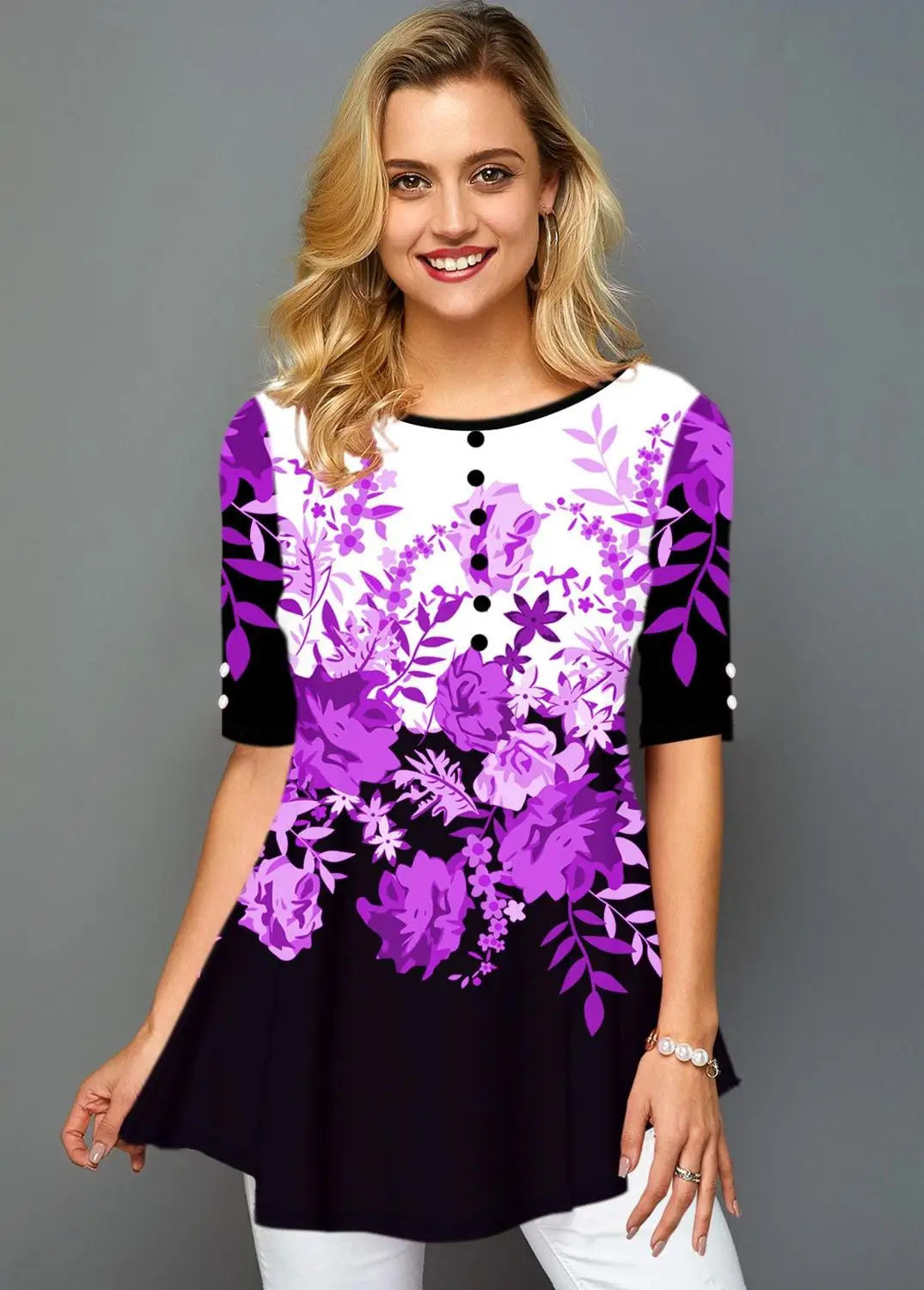 

3XL4XL5XL T-Shirt Women's Half-Sleeve Printed Button Round Neck Top Fashion Casual New Plus Size Loose Pullover Ladies T-Shirt