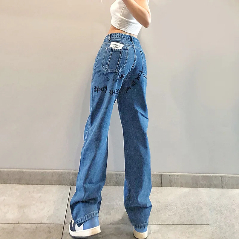 

Pants Women New Fashion 2021 Spring and Summer Women's Solid Color Loose High Waist Fashion Temperament Letter Straight Jeans