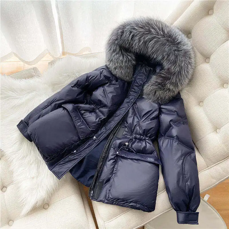Fdfklak 2021 Fur Collar Winter Coat Women Black Shiny Korean Oversized Fleece Hoodie Warm Cotton Quilted Jacket Thick Parkas