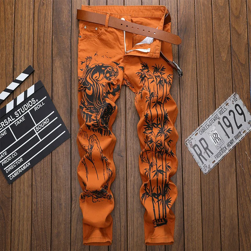 

Mens Straight Printed Jeans Casual Printing Hip Hop Streetwear Punk Pants Slim Fit Designer Trousers 2020 Summer Joggers Jeans