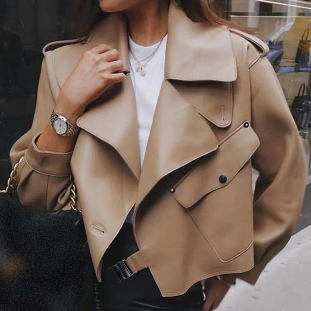

Western Women PU Jacket One Button Diagonal Pocket Short Fashion Female Short 2021 Fall Winter Lapel Jacket Coat