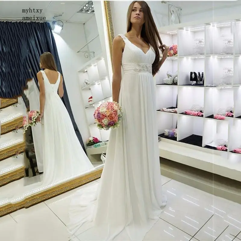 Beach Vestido De Noiva 2020 Crystal Plus Size Wedding Dresses Sexy Deep V-neck Chiffon Beaded Boho Wedding Gown Bridal Dresses